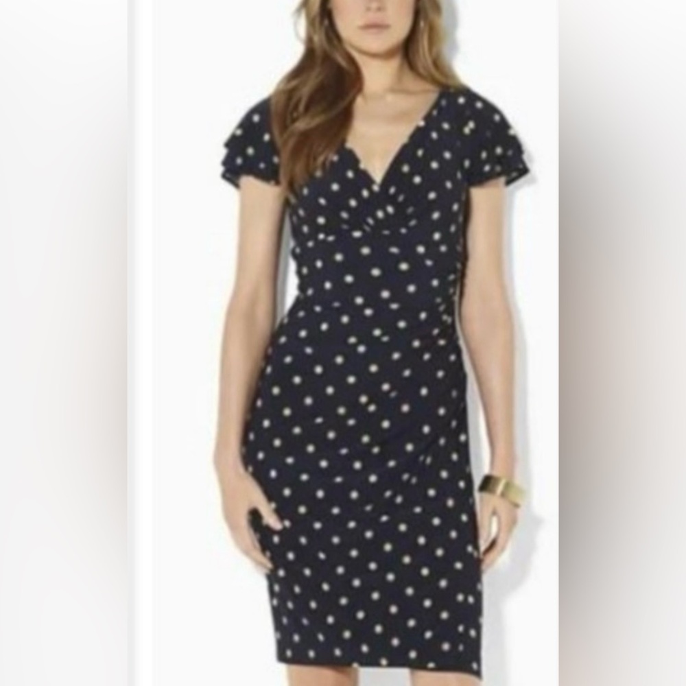 Lauren Ralph Lauren Black and white polka dot  Ruched Wrap Midi Dress